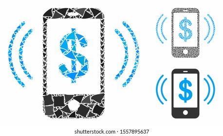 Payment phone ring composition of trembly items in various sizes and color tones, based on payment phone ring icon. Vector raggy items are grouped into composition.