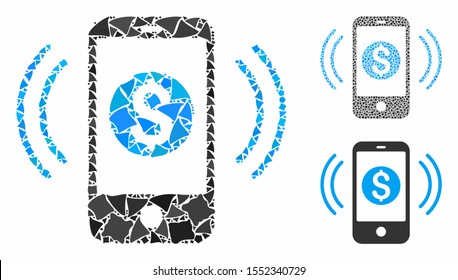 Payment phone ring mosaic of inequal elements in different sizes and color hues, based on payment phone ring icon. Vector inequal pieces are grouped into collage.