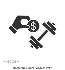 pagamento por ícone de aula de educação física, treinamento pago, dinheiro e haltere, ilustração vetor plana