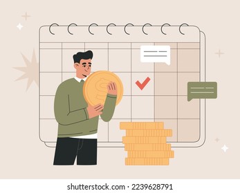 Payment plan calendar with deadline reminder and financial bill concept, schedule. Regular monthly tax or credit bill cash pay planning. Vector illustration isolated on background, flat cartoon style