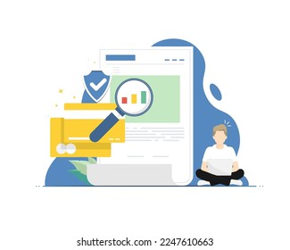 Payment planning concept, Human typing laptop with paperwork, Digital marketing illustration.