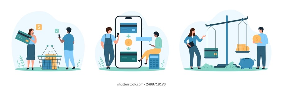 Payment planning set. Tiny people weigh credit card and coins on balance scales, transfer, send and receive money in bank mobile app, pay for purchases on shopping cartoon vector illustration