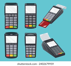 Payment pos terminal set. NFC payment machine concept. Bank payment terminal, mockup. Vector illustration in flat design