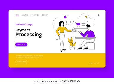 Payment processing landing page banner template. Vector illustration of linear female customer giving credit card to male manager and paying for goods while making purchases in store