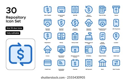 Payment Processing Line Fill Duo Tone Icon Set: Card Payments, Online Transactions, and Digital Wallets Icons