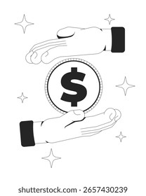 Ilustração da interface do usuário de integração da linha de processamento de pagamento. Mãos trocando moedas de dólar cintilam. Cuidados financeiros, investimento, proteção da poupança descrevem o conceito 2D isolado. Arte vetorial de metáfora linear de tinta