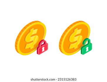 Payment protection 3D icon. Vector Isometric gold dollar coin with padlock sign. Safe purchase, blocked and unblocked payment symbol. Transaction security, money protection. Money access sign.