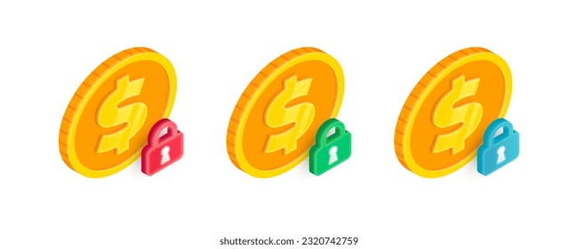 Conjunto de iconos 3D de protección de pagos. Moneda de oro vectorial isométrica con signo de cerradura. Compra segura, símbolo de pago bloqueado. Seguridad de las transacciones, protección monetaria. Concepto de seguro de pérdida de dinero.