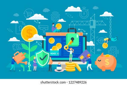 Payment protection by people, computer and locker vector. Monitor with personal data and credit card secured by programmers. Money in safe, pig coins