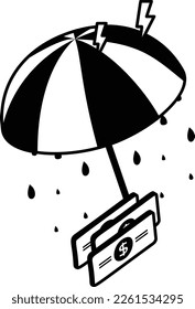 Cobertura de protección de pagos Concepto isométrico negro, paraguas con facturas de tipo de interés gráfico tormentoso, ilustración de stock, diseño de icono del vector de seguro de crédito, símbolo de protección contra pérdidas financieras, signo de gestión de riesgos