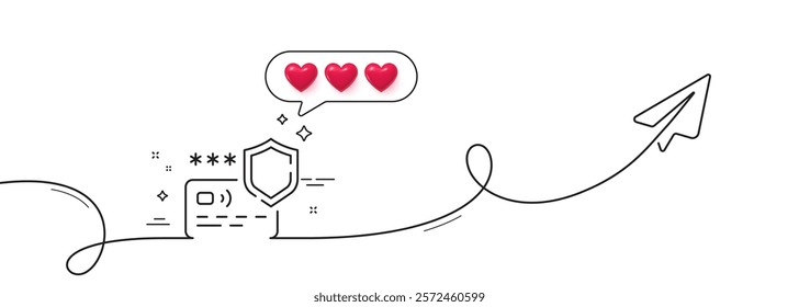 Payment protection line icon. Continuous line with share plane. Credit card secure sign. Money defense symbol. Hearts rate review in speech bubble. Payment protection single line ribbon. Vector