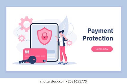 Payment protection poster. Woman with key near bank card and smartphone. Financial literacy and electronic wallet protection. Landing webpage design. Flat vector illustration