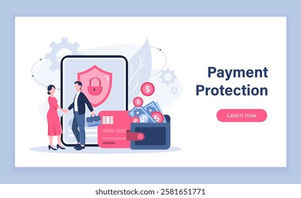 Payment protection poster. Woman and man shaking hands near bank card and smartphone. Digital money and electronic wallet protection. Landing webpage design. Flat vector illustration
