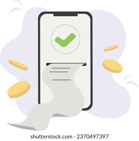 Aprobación de compra de pago, concepto de pago en línea. Pago de factura de seguridad en línea, factura electrónica. Dispositivo Smartphone con recibo. Ilustración vectorial aislada en fondo blanco.