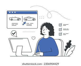 Payment and purchase of car. Woman chooses and buying automobile. Secure online shopping on website with credit card. E commerce, vehicle, leasing, money concept. Cartoon flat vector illustration