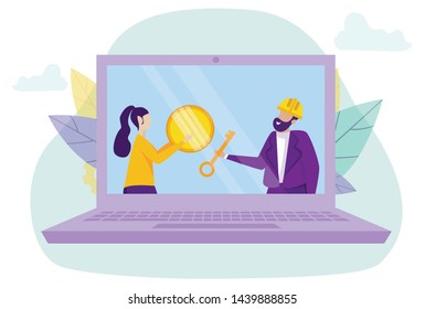 Payment Purchase Housing. Image on Laptop.Vector Illustration. Сoin and Banknote. Сash Savings. Buying House on Credit. Image on Moritor. Key in Hand. Broker and Client. Monitor Screen. Business.