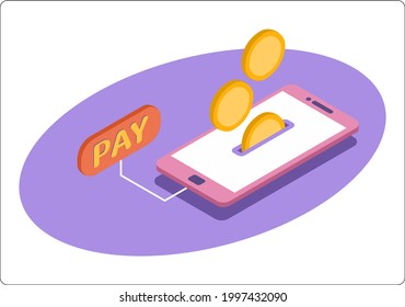 Pago por compra a través de un teléfono móvil. Pago sin costo. Colores planos populares. Ilustración vectorial isométrica 3d.