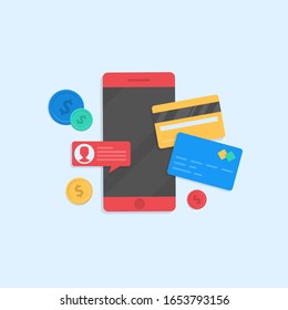 payment for purchases from a mobile phone. Online store, online shopping and payment. Smartphone currency.Modern flat style illustration for apps and websites. Vector illustration. 10 eps.