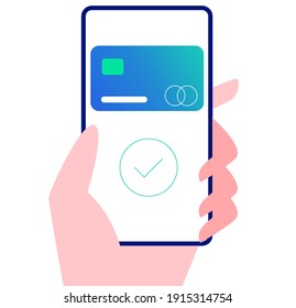 Payment for purchases with a smartphone. Hand with smartphone paid for purchase