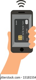 Payment of purchases through the terminal using a smartphone. Vector illustration. Isolated on white background.