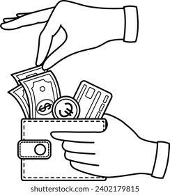 Payment for Purchases from Wallet for Coloring Books. Vector illustration of a wallet with dollar bills, gold euro coin, and blue credit card. Business and Finance