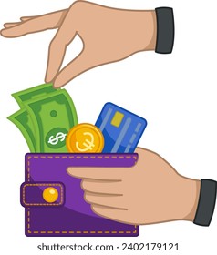 Pago de Compras desde Cartera. Ilustración vectorial de una billetera con billetes de dólar, moneda de euro de oro y tarjeta de crédito azul. Negocios y finanzas
