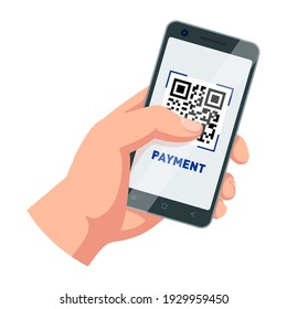 Payment QR code on screen. Hand holding smartphone. Mobile payment vector template on transparent background