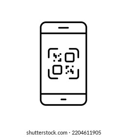 Payment with QR Code on Smartphone Line Icon. Square QRcode on Mobile Phone App Linear Pictogram. Scanner Application for Barcode Outline Icon. Editable Stroke. Isolated Vector Illustration.