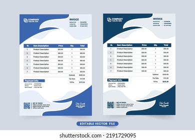 Payment receipt and business invoice template vector. Corporate business bill decoration with dark blue color shade. Creative invoice decoration with abstract shapes. Cash receipt invoice template.