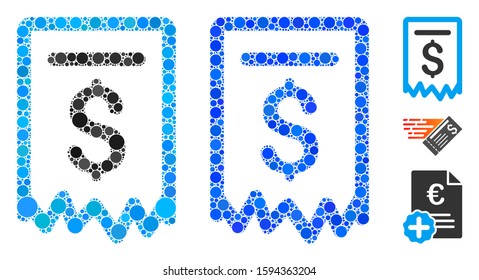 Payment receipt composition of round dots in variable sizes and color tones, based on payment receipt icon. Vector round dots are grouped into blue composition.