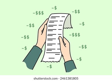 Payment receipt in hands of person detailing costs of shopping or dining at restaurant. Payment receipt for controlling expenses and accounting for money, or obtaining tax deduction for business