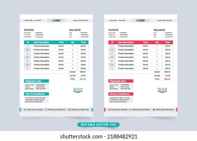 Payment receipt and invoice template decoration with blue and red colors. Creative business invoice template design for product information. Invoice template vector with payment agreement section.
