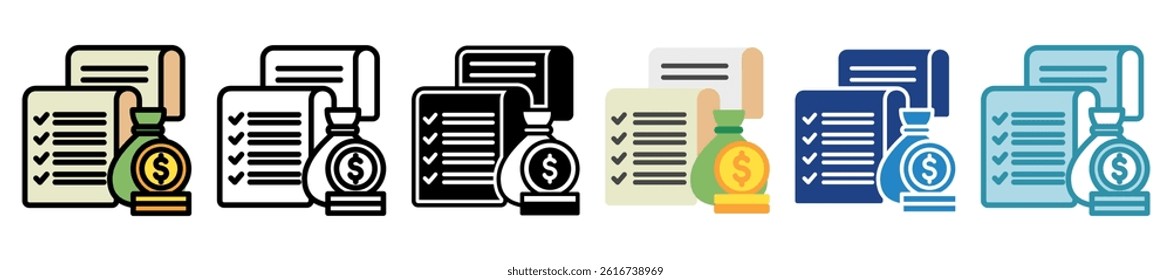 Payment Receipt multi style, mini illustration icon set. outline, flat, glyph, line color. vector for UI, UX, app and web, digital or print, related to Taxation, finance, audit and more.