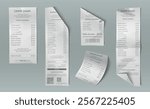 Payment receipts set isolated on background. Vector realistic illustration of rolled and folded paper checks with printed product prices, grocery shop, restaurant service, bank pos terminal invoice