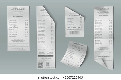 Payment receipts set isolated on background. Vector realistic illustration of rolled and folded paper checks with printed product prices, grocery shop, restaurant service, bank pos terminal invoice