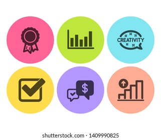 Payment received, Creativity and Checkbox icons simple set. Success, Column chart and Graph chart signs. Money, Inspiration. Education set. Flat payment received icon. Circle button. Vector