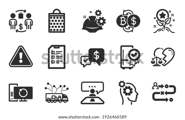 Payment received, Divorce lawyer and Checklist\
icons simple set. Interview job, Loyalty points and Working process\
signs. Shopping bag, Certified refrigerator and Recovery computer\
symbols. Vector