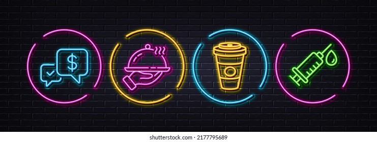 Pago recibido, comida de restaurante y café de comida para llevar iconos mínimos de línea. Luces 3d láser neón. Iconos de jeringa médica. Para web, aplicación, impresión. Dinero, servicio de habitaciones, bebida de café con leche caliente. Vector