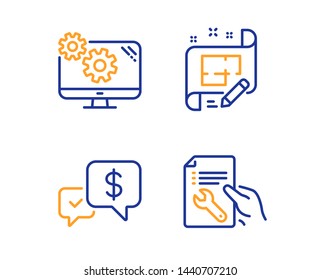 Payment received, Settings and Architect plan icons simple set. Repair document sign. Money, Cogwheel tool, Engineering plan. Spanner tool. Technology set. Linear payment received icon. Vector