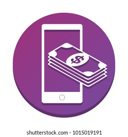 Payment, refill your mobile smart phone,. Vector. White icon with flat shadow on purpureus circle at white background. Isolated.