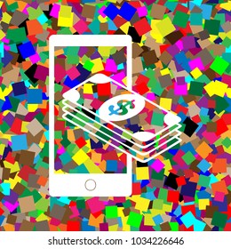 Payment, refill your mobile smart phone,. Vector. White icon on colorful background with seamless pattern from squares.