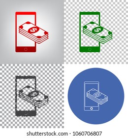 Payment, refill your mobile smart phone,. Vector. 4 styles. Red gradient in radial lighted background, green flat and gray scribble icons on transparent and linear one in blue circle.