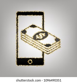 Payment, refill your mobile smart phone,. Vector. Blackish icon with golden stars at grayish background.