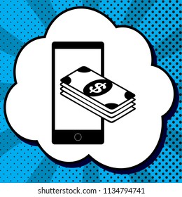 Payment, refill your mobile smart phone,. Vector. Black icon in bubble on blue pop-art background with rays.