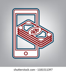 Payment, refill your mobile smart phone,. Vector. Dark red, transparent and midnight green stroke of white icon at grayish background.