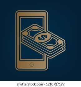 Payment, refill your mobile smart phone,. Vector. Golden icon and border at dark cyan background.