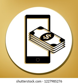 Payment, refill your mobile smart phone,. Vector. Black icon with light brown shadow in white circle with shaped ring at golden background.