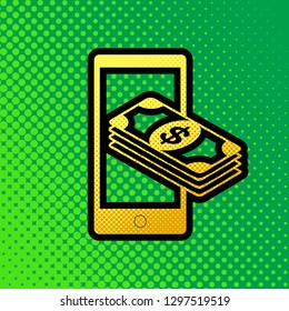 Payment, refill your mobile smart phone,. Vector. Pop art orange to yellow dots-gradient icon with black contour at greenish background.
