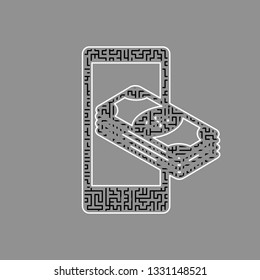 Payment, refill your mobile smart phone,. Vector. Black maze filled icon with white border at gray background.