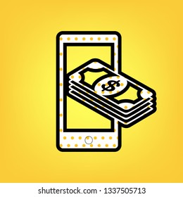 Payment, refill your mobile smart phone,. Vector. Yellow polka dot white icon with black contour at warm yellow background.